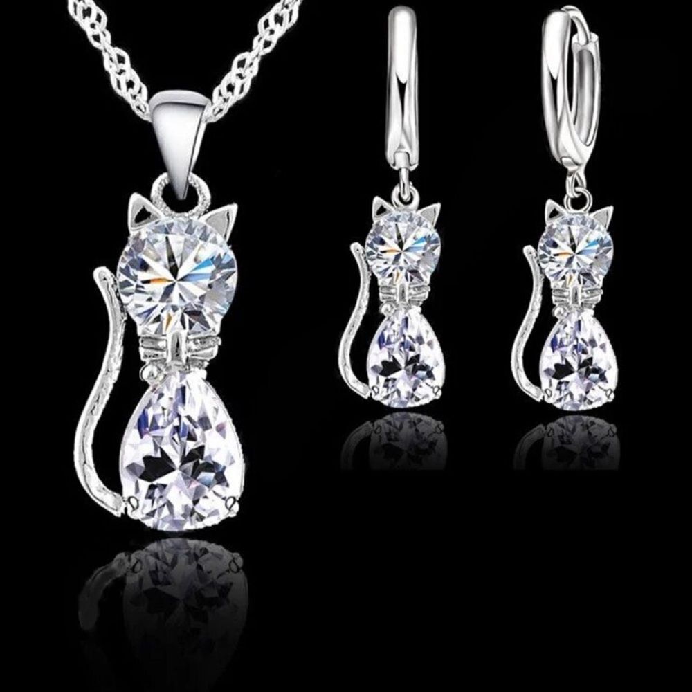 The Couture Cat Pendant Necklace and earrings set in sterling silver